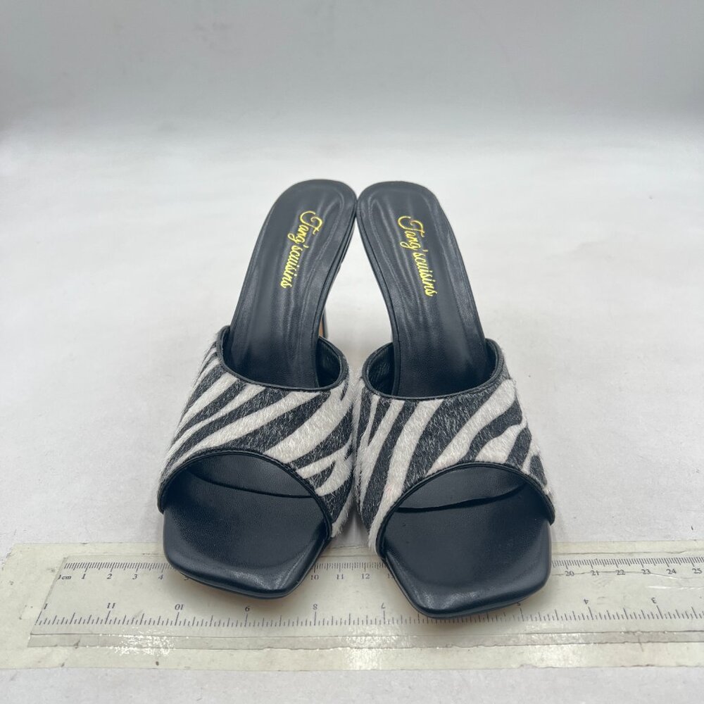 Tang'scuisins Zebra Open Square Toe Mule Sandals Slip on High Spool Heels Shoe - Picture 3 of 8
